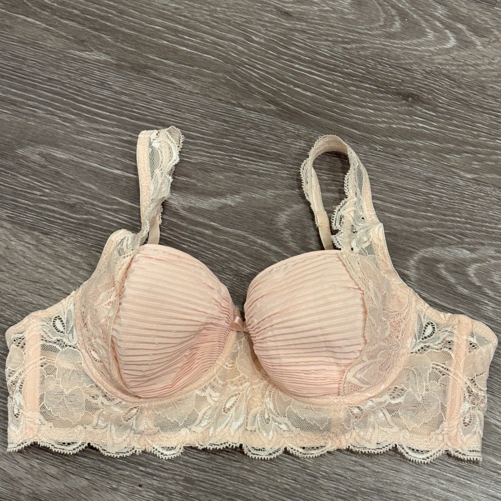 Vintage Wacoal Longline Lace Bra Peach Pink Pleated Underwire 32A Coquette Retro - Picture 1 of 13